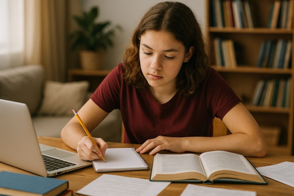 Leerling zit aan tafel en maakt wiskundesommen met een glimlach, met boeken en rekenmachine erbij.