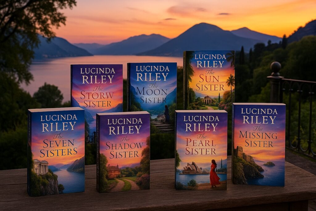 **alt-tekst:** Stapeltje boeken uit de Zeven Zussen-serie van Lucinda Riley met een kopje thee ernaast op een houten tafel