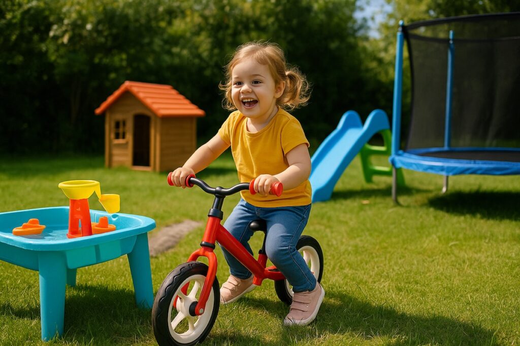 llustratie met buitenspelende peuters van drie jaar oud. Ze gebruiken onder andere een loopfiets, trampoline, zandset, winkelkraam en ballen. De afbeelding toont drie thema’s: buiten is bewegen én ontdekken, speelgoed dat meegroeit, en samen wordt het nóg leuker.