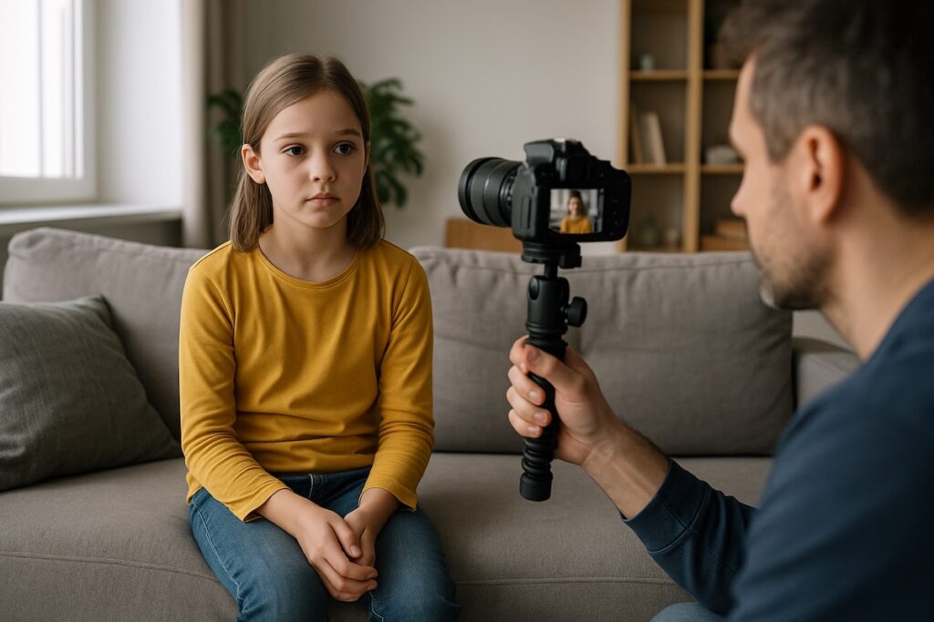 "Kind staat voor de camera tijdens het opnemen van een vlog, met speelgoed op de achtergrond"