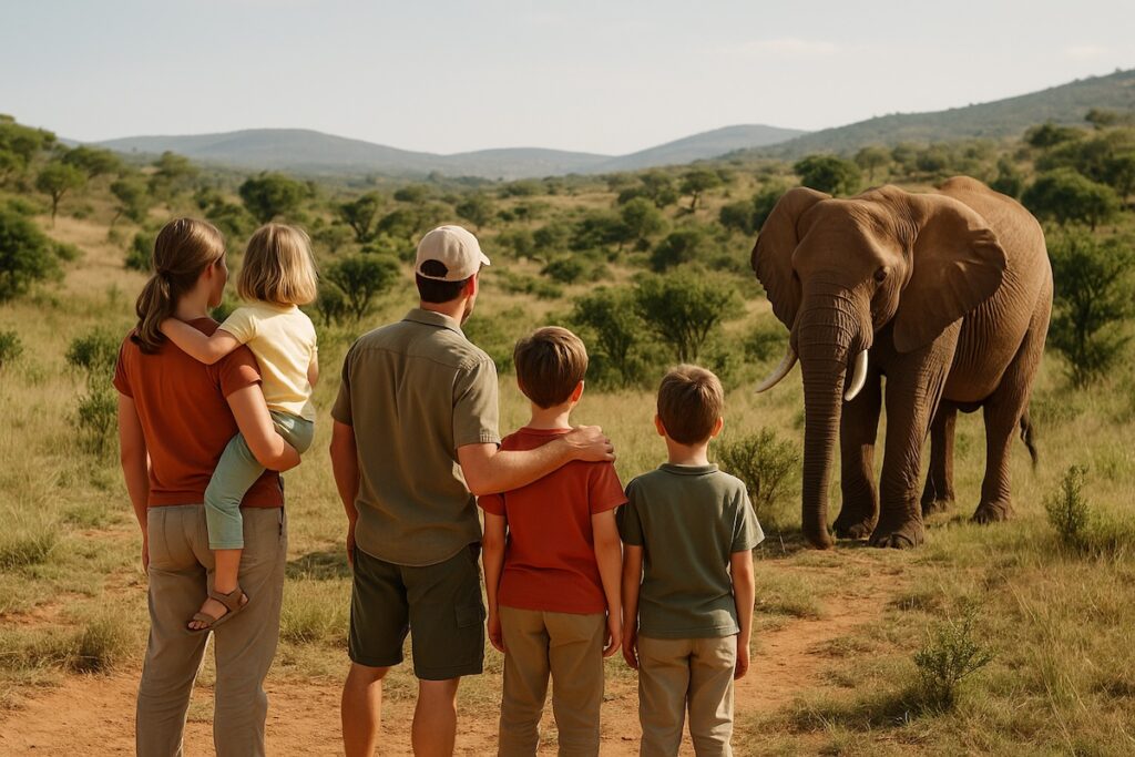 Gezin met kinderen geniet van een safari in Zuid-Afrika en spot wilde dieren vanuit een jeep.