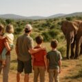 Gezin met kinderen geniet van een safari in Zuid-Afrika en spot wilde dieren vanuit een jeep.