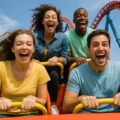 Nederlandse bezoekers gillen tijdens een rit in een achtbaan in Europa-Park, met handen in de lucht en lachende gezichten