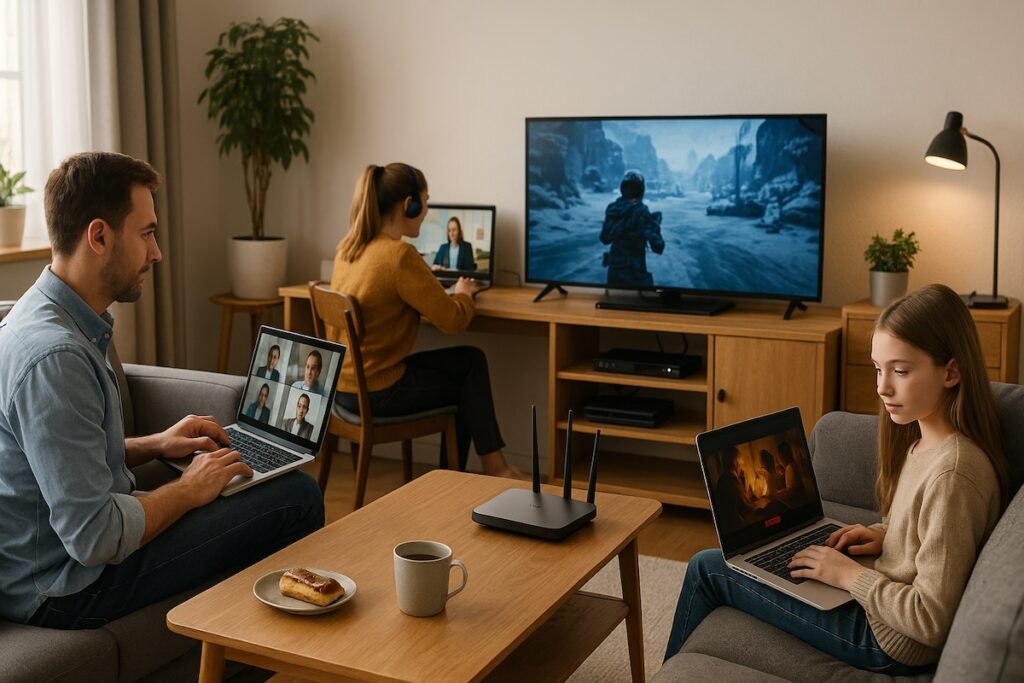 Gezin thuis aan het werk, met kinderen die online les volgen en ouders die streamen en gamen op verschillende apparaten