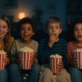 Kinderen kijken naar Disney animatiefilms zoals Frozen, Coco en De Leeuwenkoning met vrolijke gezichten op de bank