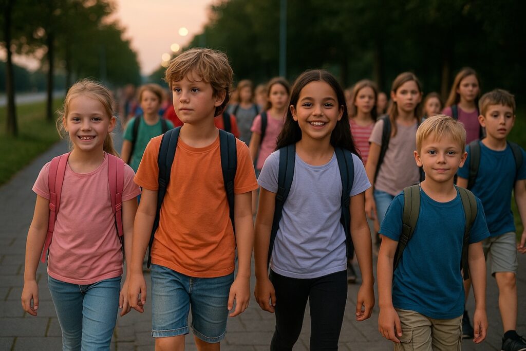Kinderen lopen de avondvierdaagse met kleurrijke snoepkettingen om hun nek, terwijl ouders meelopen en de sfeer gezellig is.