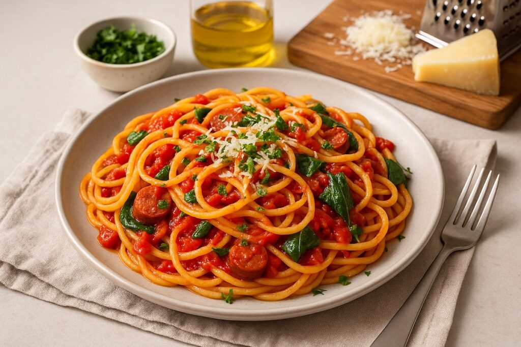Bord met makkelijke pasta, vers bereid met tomaat, kruiden en kaas