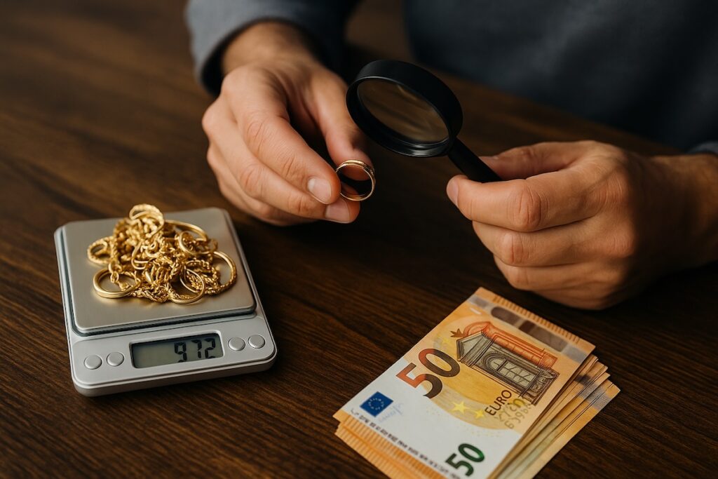 Vergrootglas boven een gouden ring met keurmerk, ter illustratie van goud