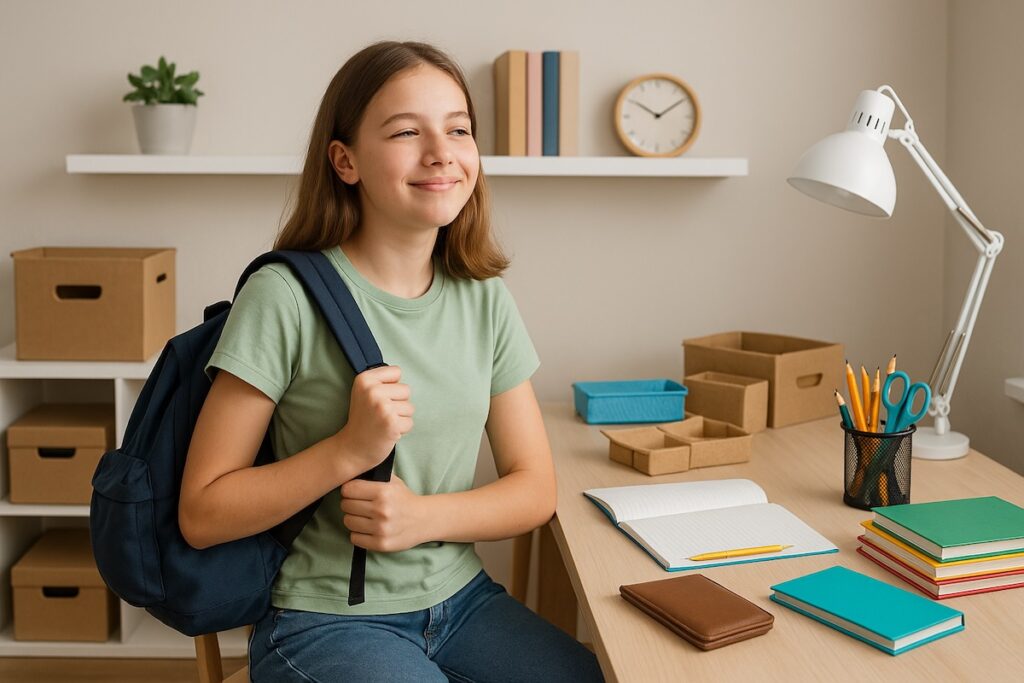Kind ruimt bureau op en legt schoolspullen klaar voor het nieuwe schooljaar