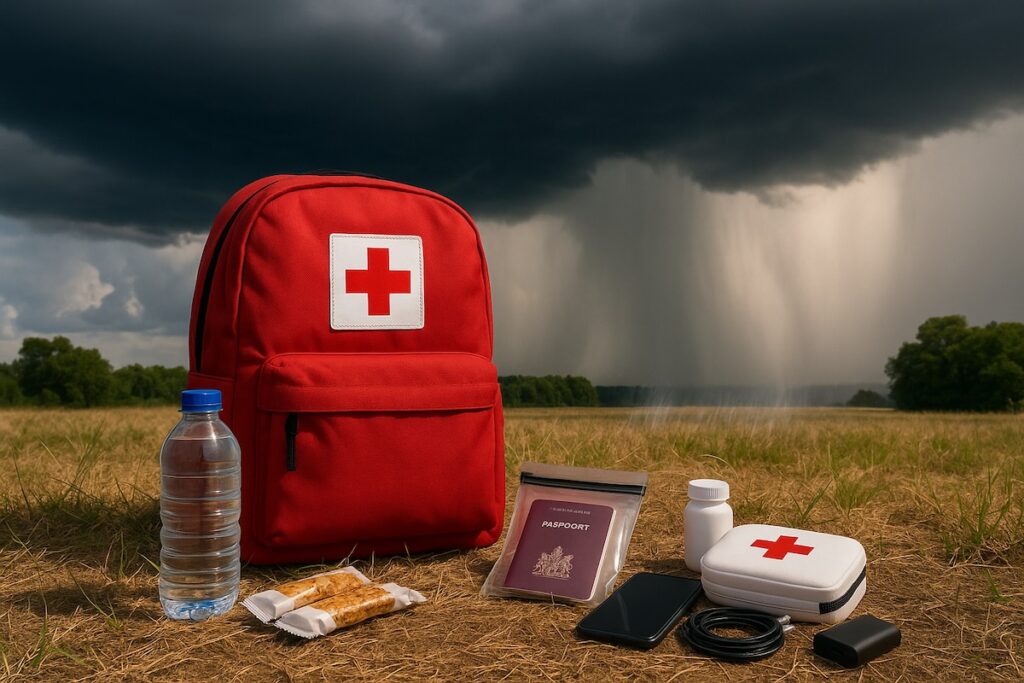 Rode rugtas met EHBO-teken staat op een droog veld met dreigende onweerslucht op de achtergrond naast waterfles paspoort snacks medicijnen telefoon oplader en EHBO-kit als voorbeeld van een vluchttas voor vakantiegangers