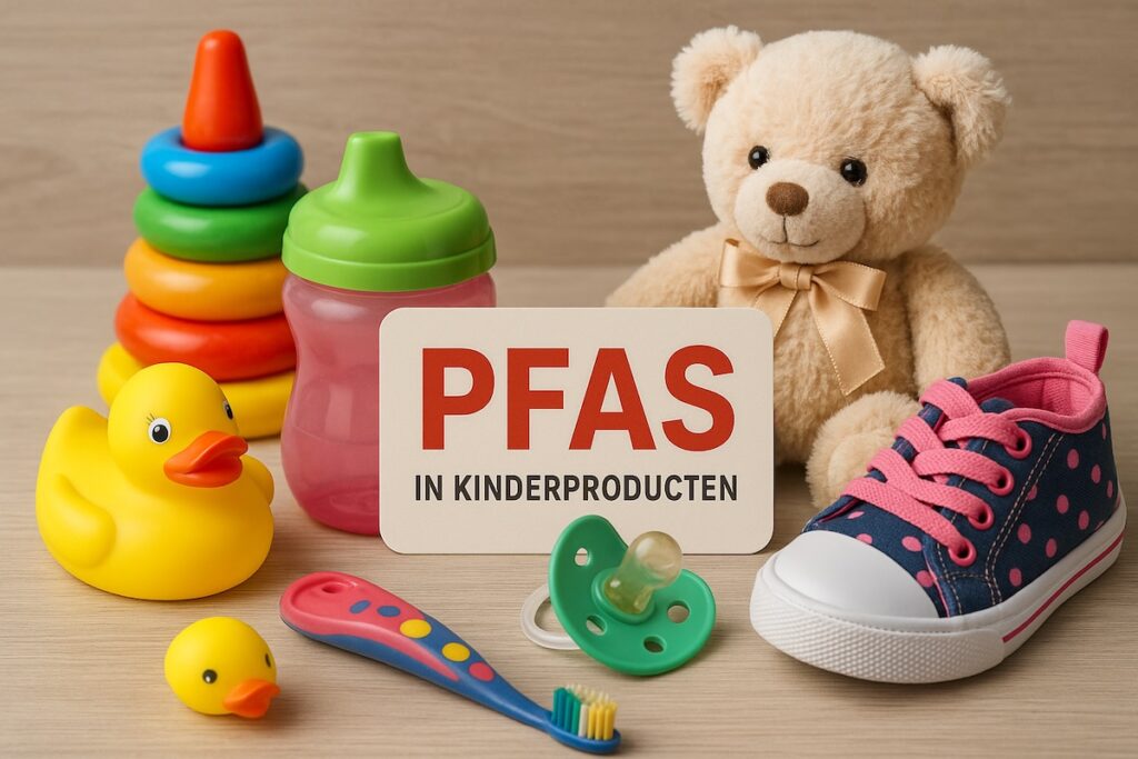 Verschillende kinderproducten zoals een speen, schoen, drinkbeker en knuffel met bord waarop staat 'PFAS in kinderproducten', als waarschuwing voor chemische stoffen in kinderlijke spullen.